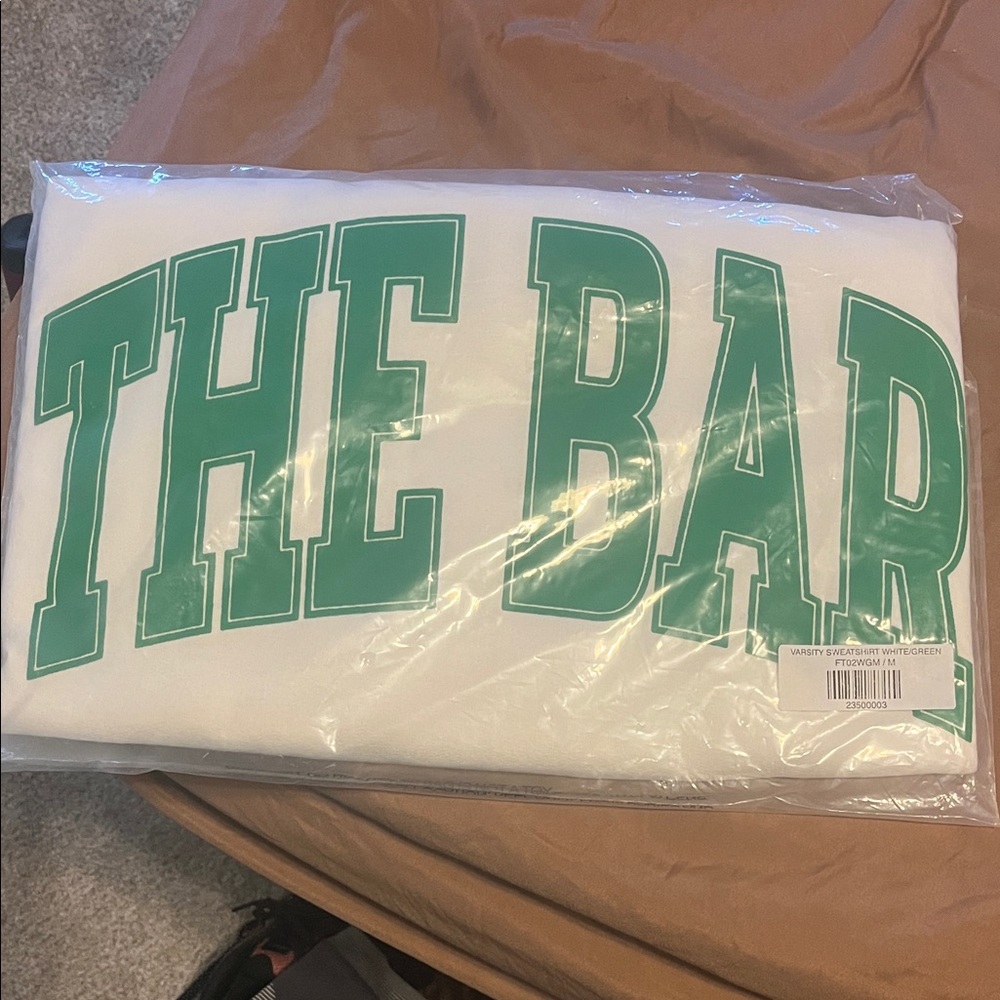 White Sweatshirt with Green 'THE BAR' Print - NEW; STILL IN PACKAGING (size M)